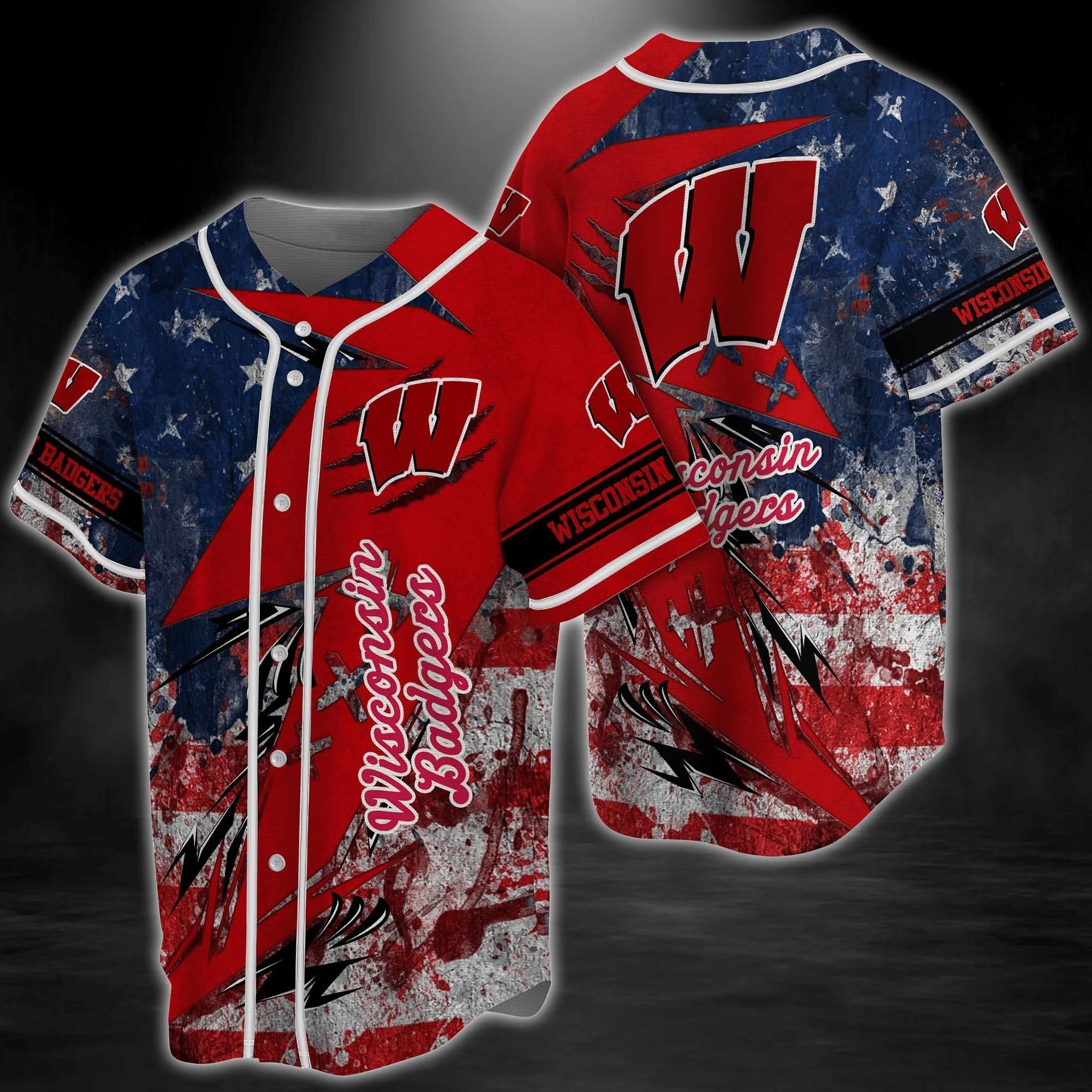 Wisconsin Badgers Ncaa Baseball Jersey Shirt Us Flag