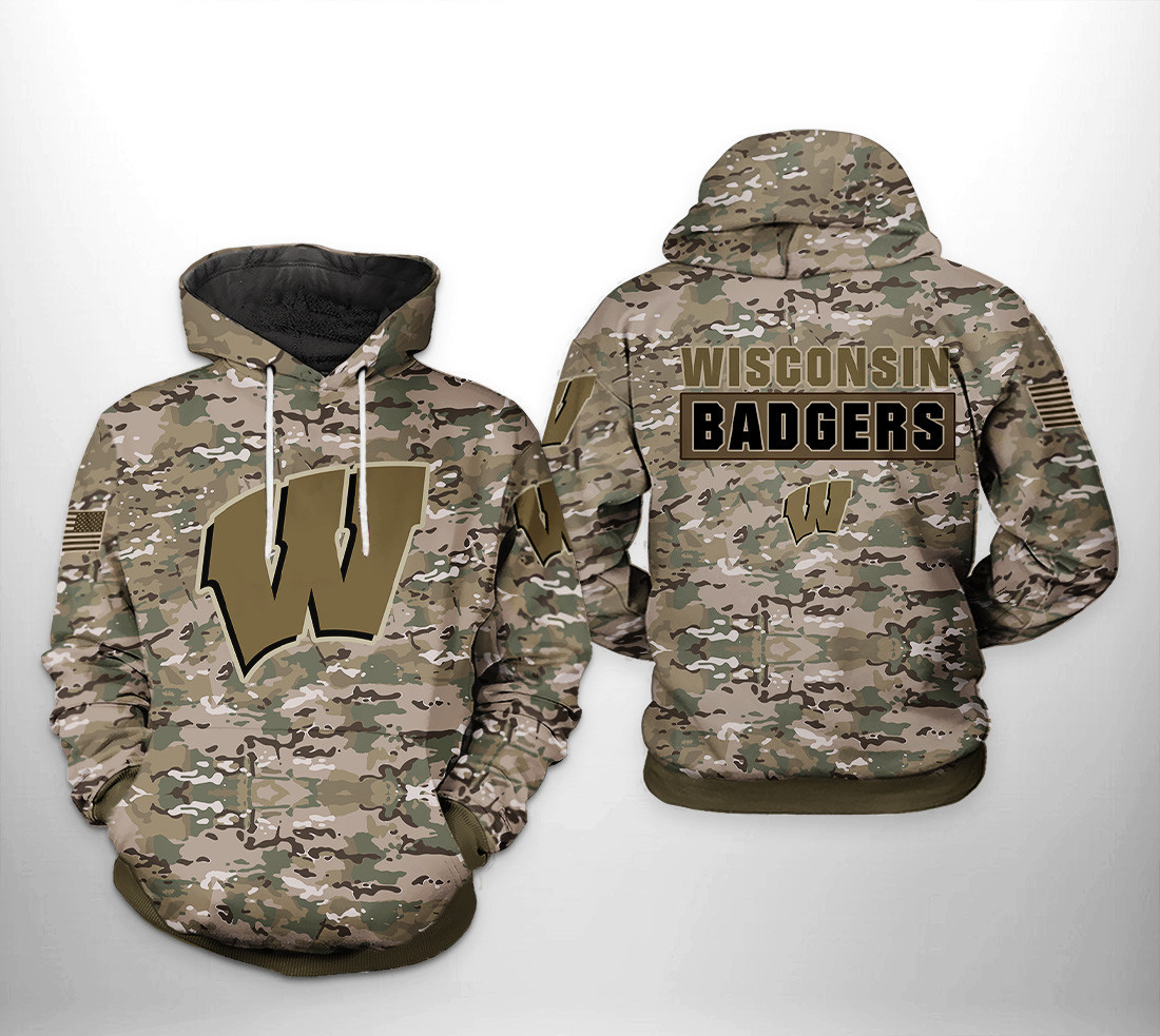 Wisconsin Badgers NCAA Camo Veteran 3D All Over Print Hoodie, Zip Hoodie