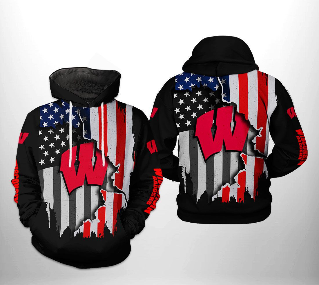 Wisconsin Badgers NCAA US Flag 3D All Over Print Hoodie, Zip Hoodie