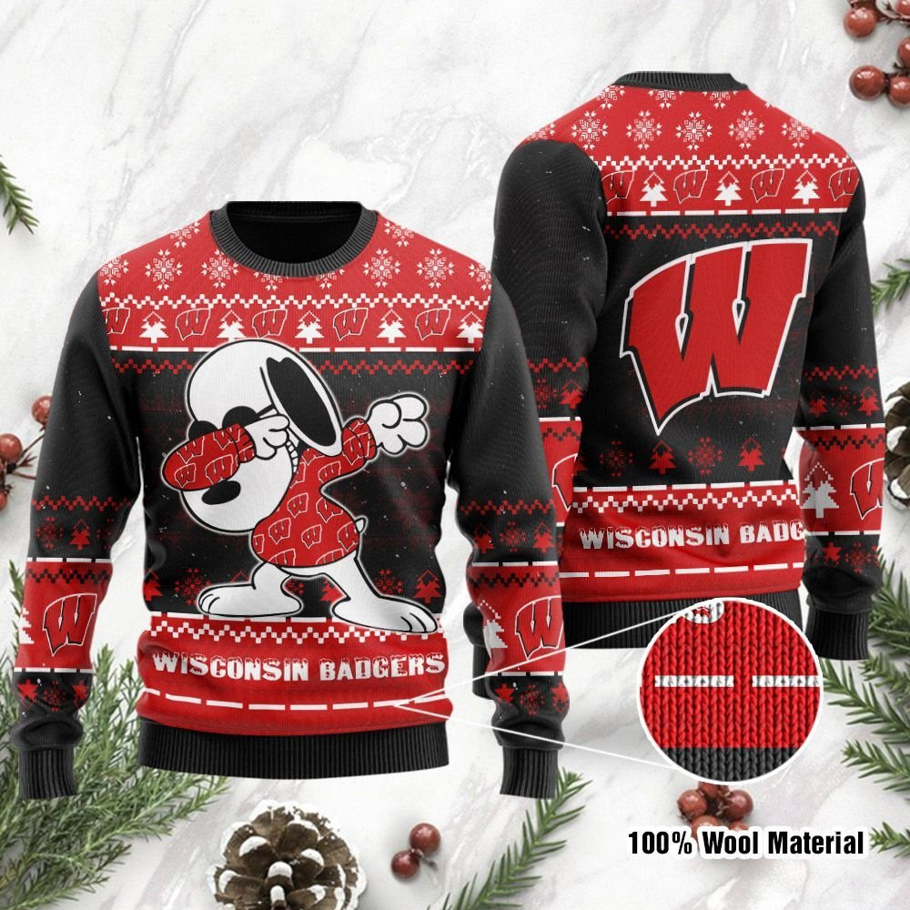 Wisconsin Badgers Snoopy Dabbing Holiday Party Ugly Christmas Sweater Adult 3D Funny Matching for family