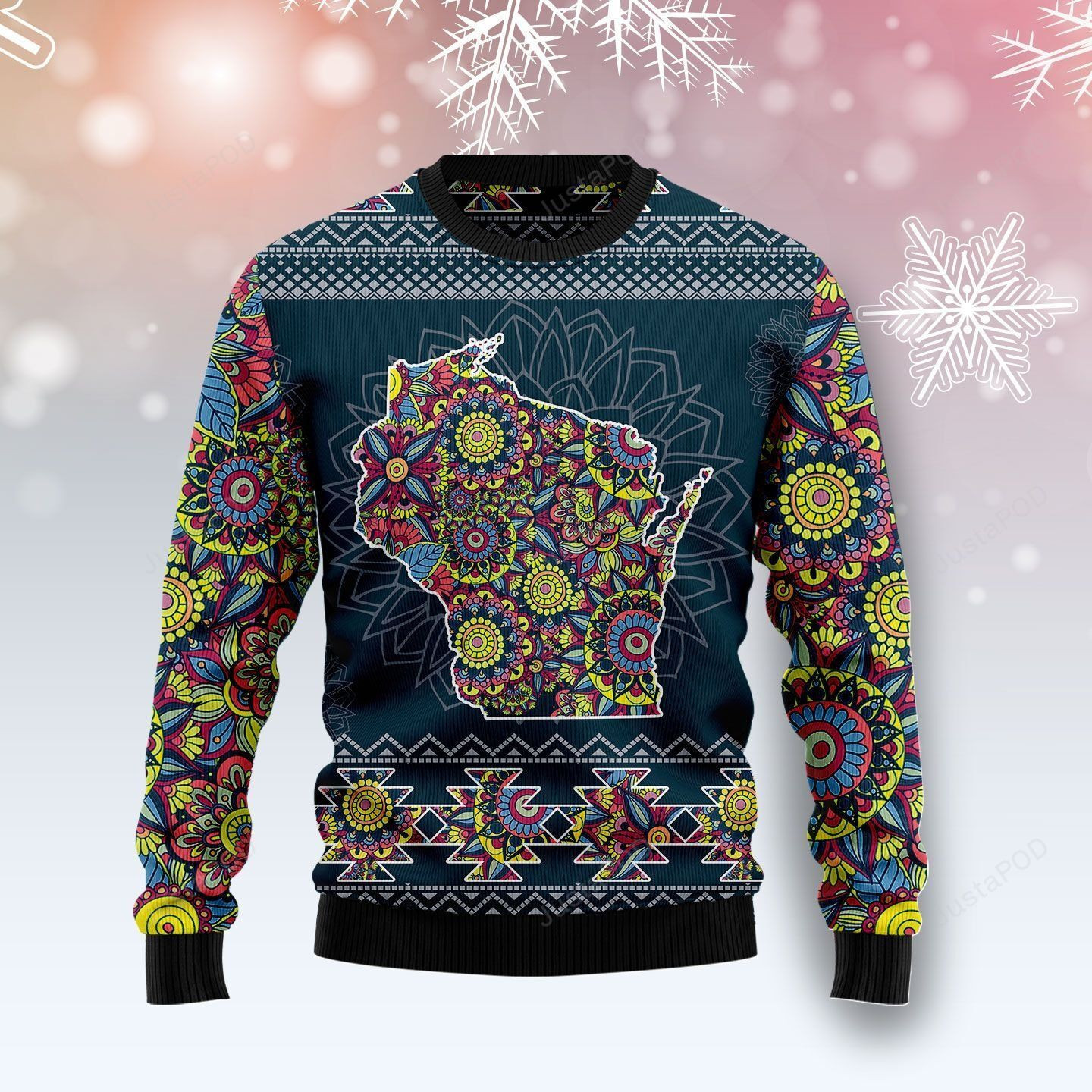 Wisconsin Blue Mandala Ugly Christmas Sweater Adult 3D Funny Matching for family