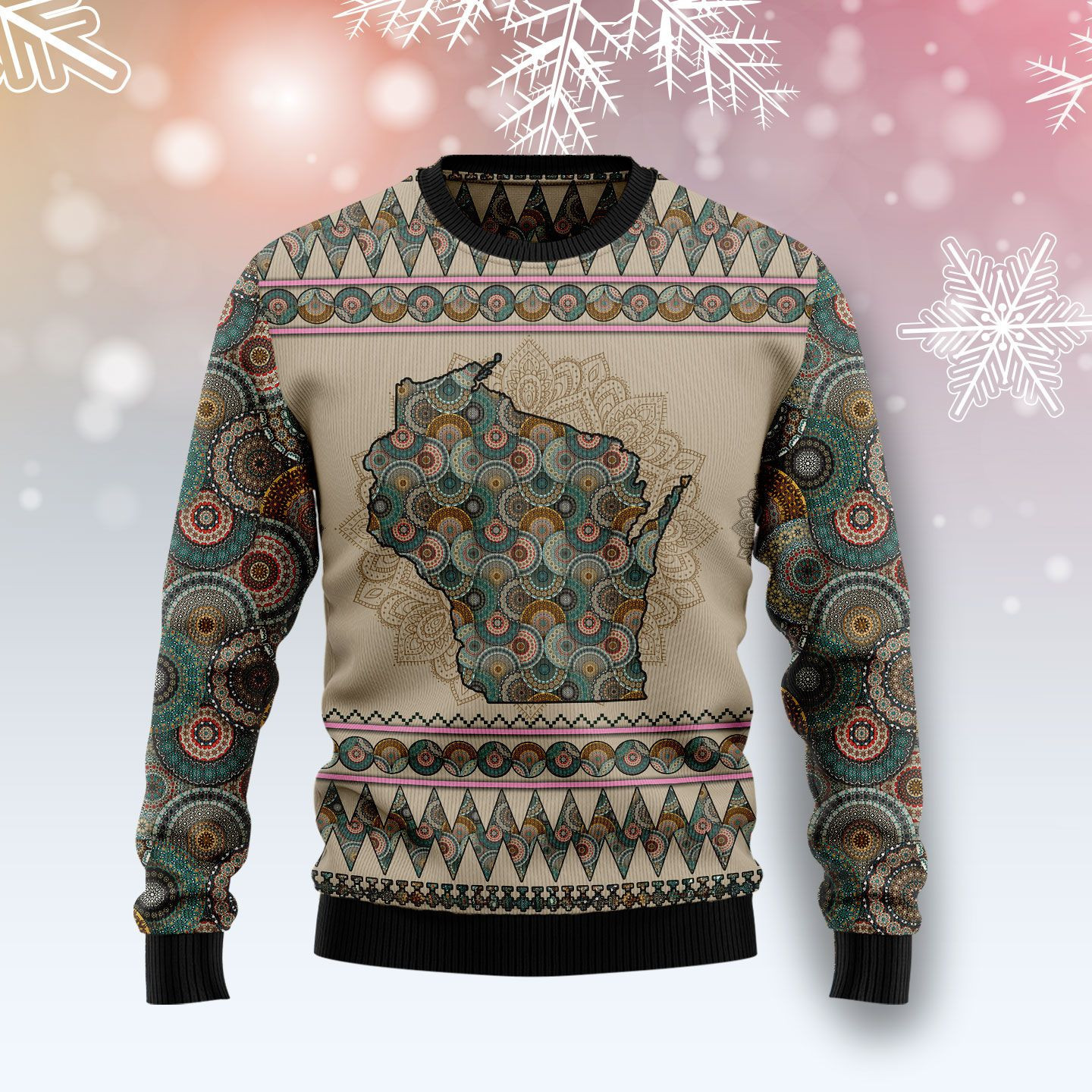 Wisconsin Mandala Ugly Christmas Sweater Adult 3D Funny Matching for family