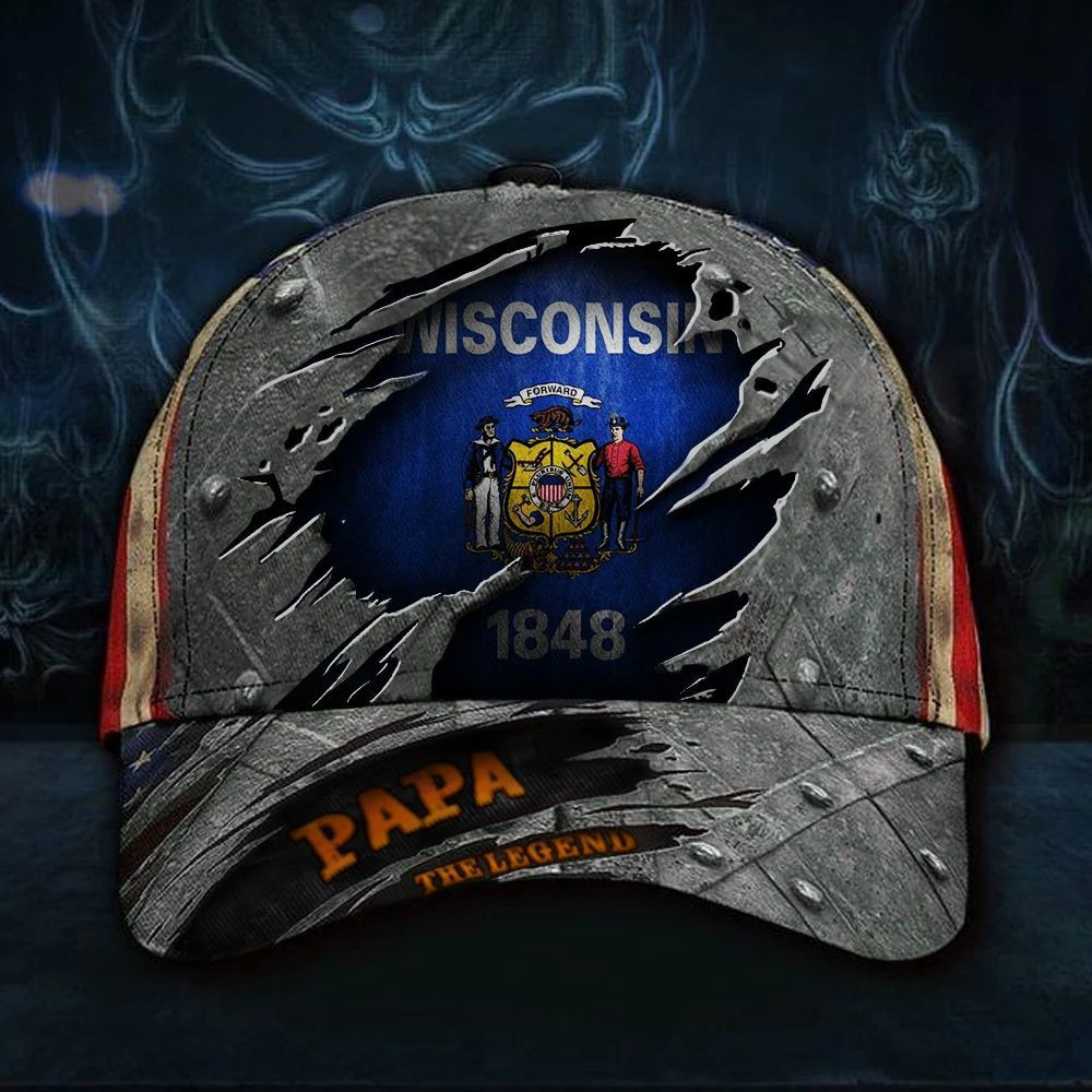 Wisconsin Papa The Legend 3D Hat Vintage USA Flag Cap Dad Day Gift Father's Day Ideas Trucker Hats Custom Hats Gifts For Men & Women