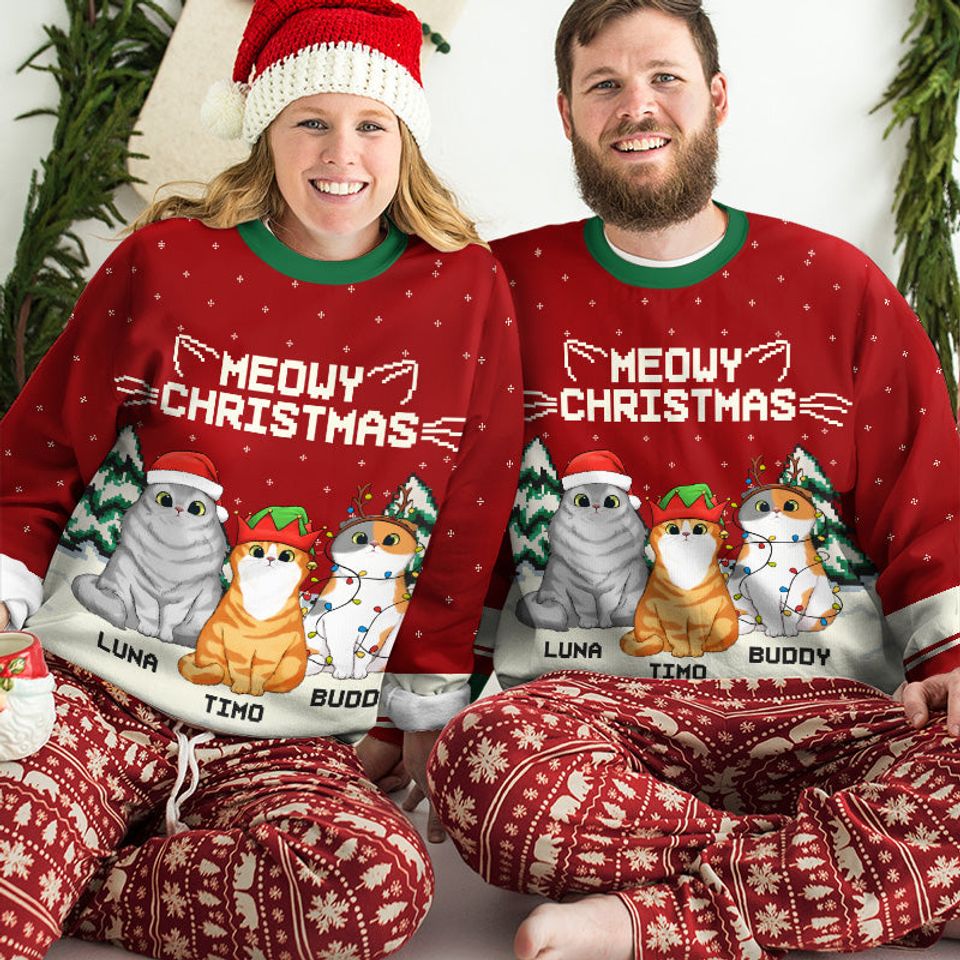 Wish You A Meowy Christmas - Cat Personalized Ugly Sweatshirt - Christmas Gift For Pet Owners, Pet Lovers - Image 2