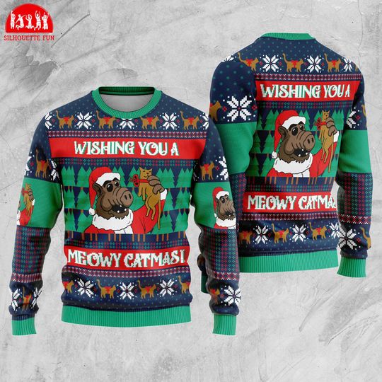 Wishing You A Meowy Catmas Christmas Ugly Sweater, Al Alien Christmas Ugly Sweatshirt - Image 4