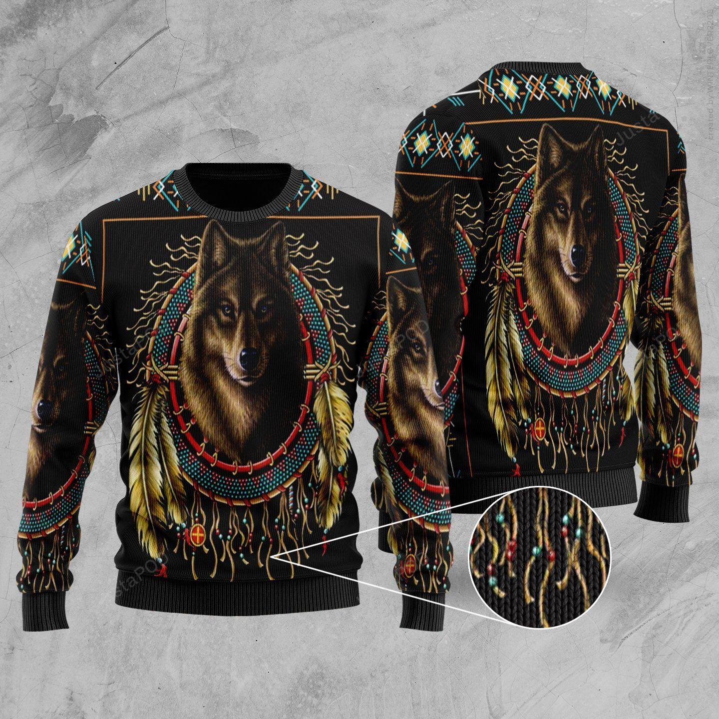 Wolf Dreamcatcher Ugly Christmas Sweater Adult 3D Funny Matching for family