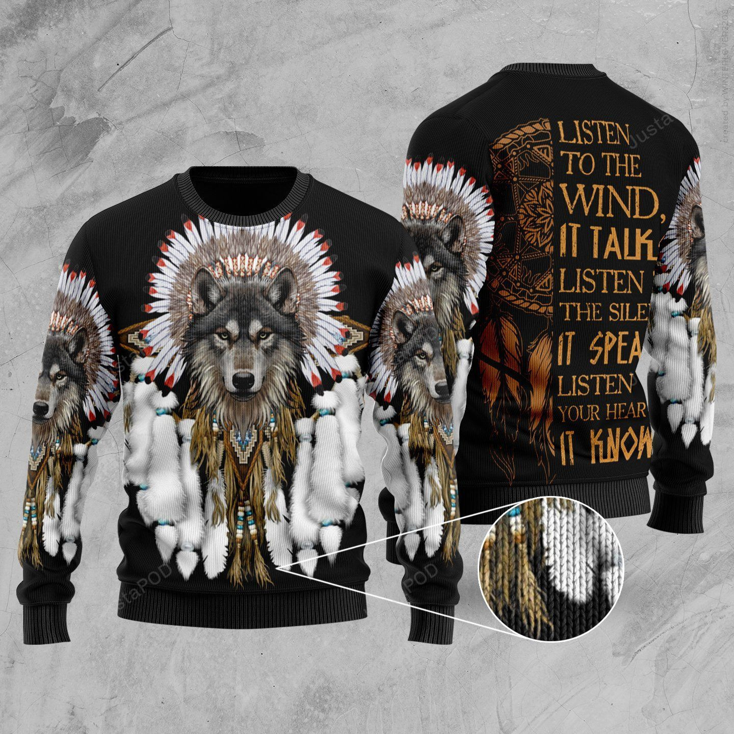 Wolf Listen To The Wind It Talks Ugly Christmas Sweater Adult 3D Funny Matching for family