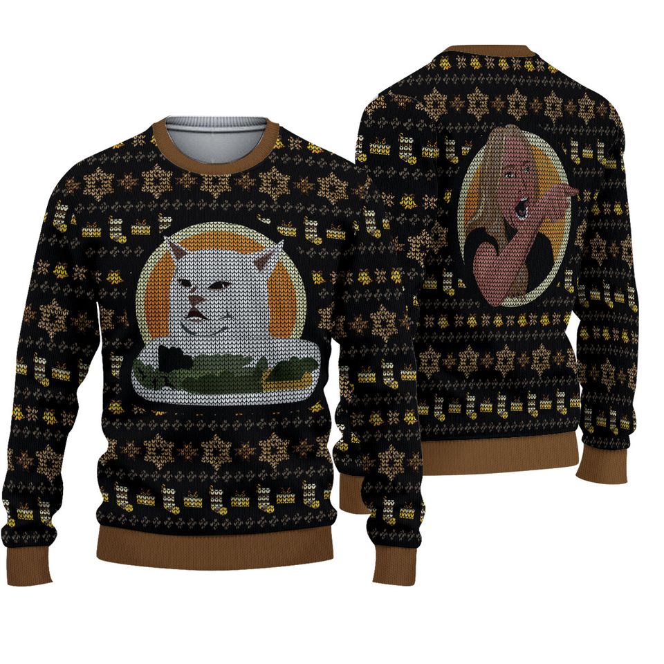 Woman Yelling At Cat Meme Ugly Christmas Sweater, Cat Meme Unisex Sweater