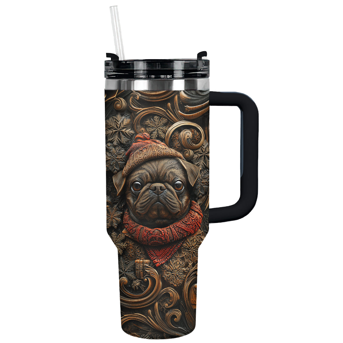 Wooden Christmas Pug Custom Stanley Cup 40 oz 30 oz Tumbler With HandleTVC2301485