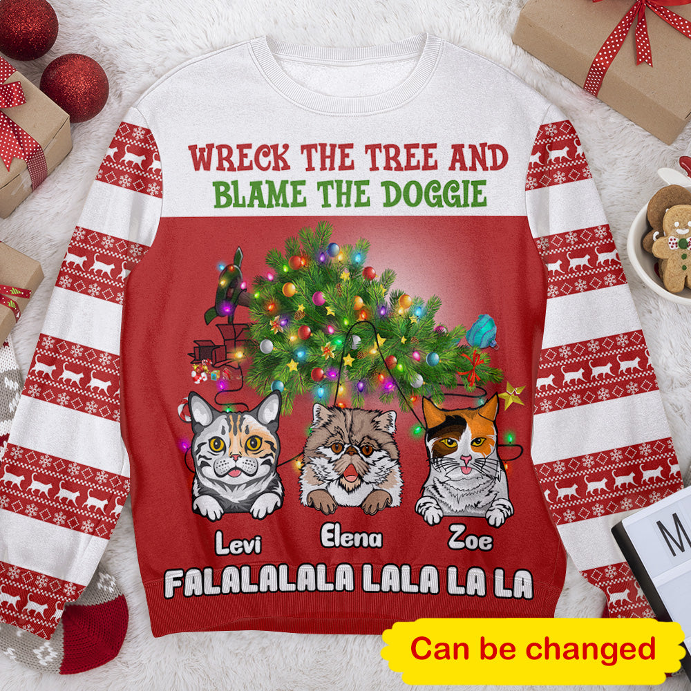 Wreck the Tree Cat Personalizedwitch Christmas Sweater - Image 2