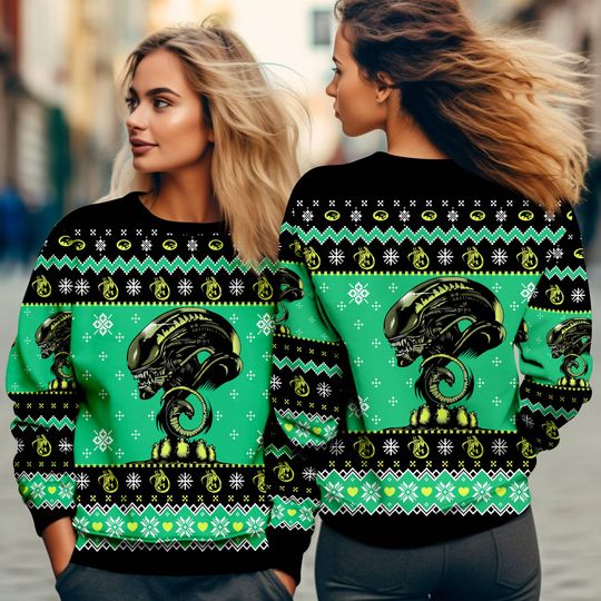 Xenomorph Alien Ugly Christmas Sweatshirt | Alien Movie Christmas Sweater - Image 9