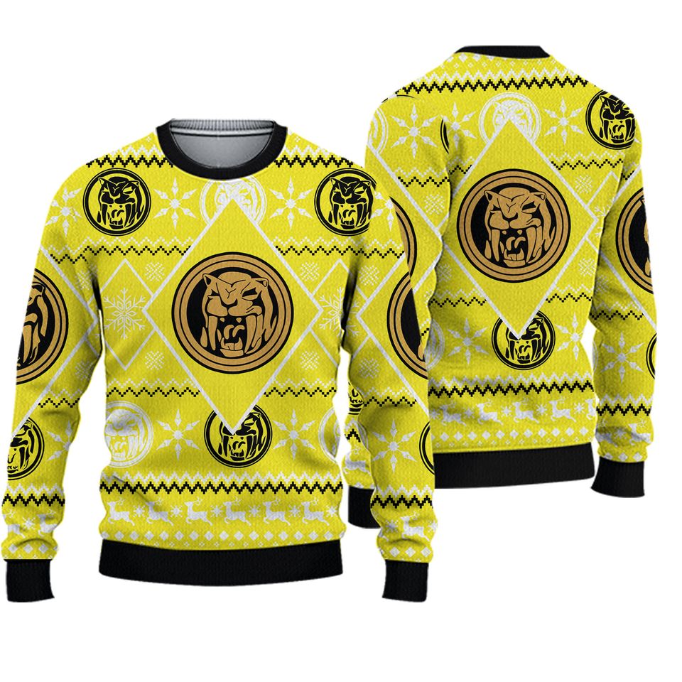 Yellow Ranger Power Ugly Christmas Sweater, Power Ranger Christmas Sweater