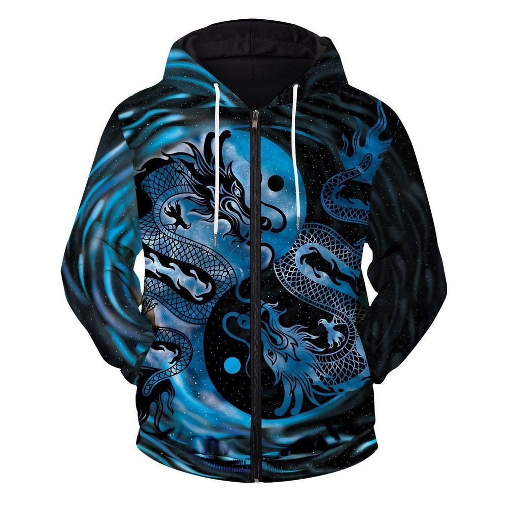 Yin Yang Zealous Dragon Unisex Zipped 3D All Over Print Hoodie, Zip Hoodie