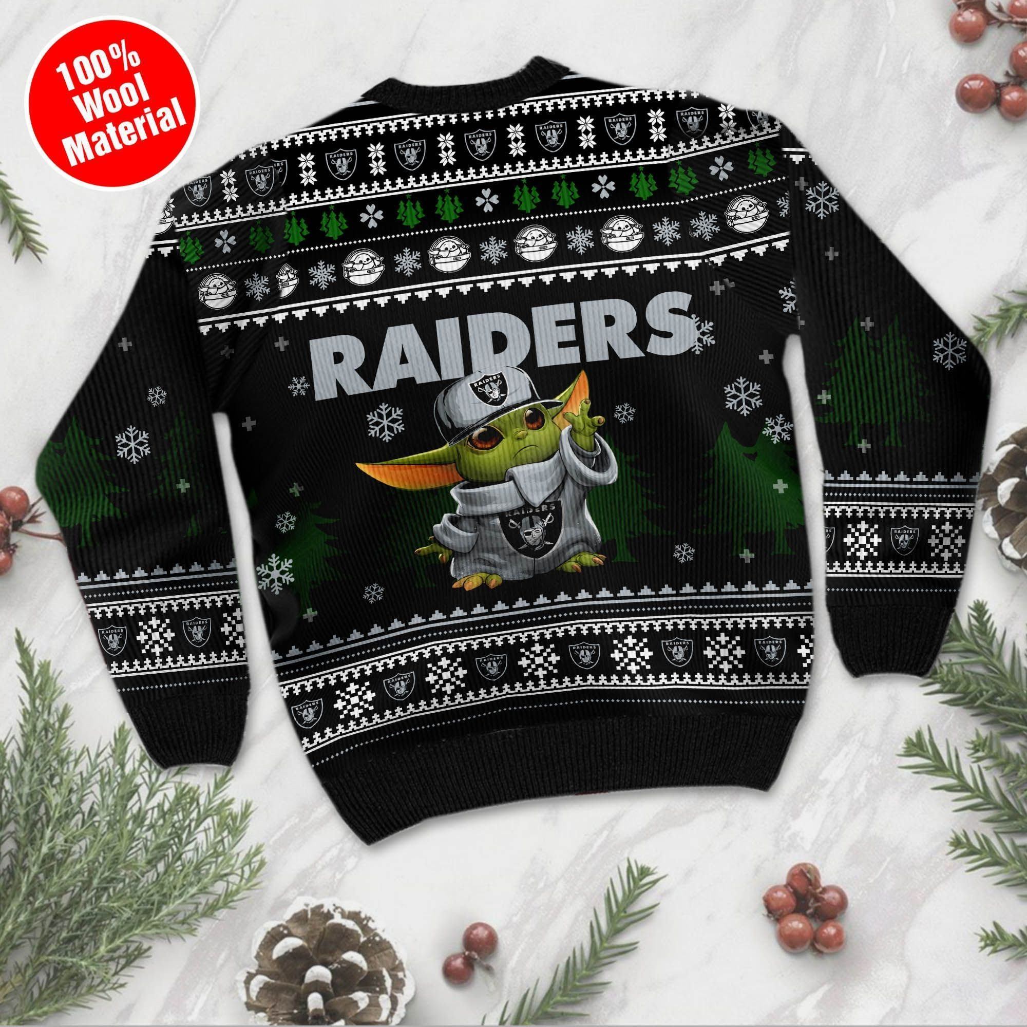 Yoda Baby Love Oakland Raiders Ugly Christmas Sweater Adult 3D Funny Matching for family - Image 3