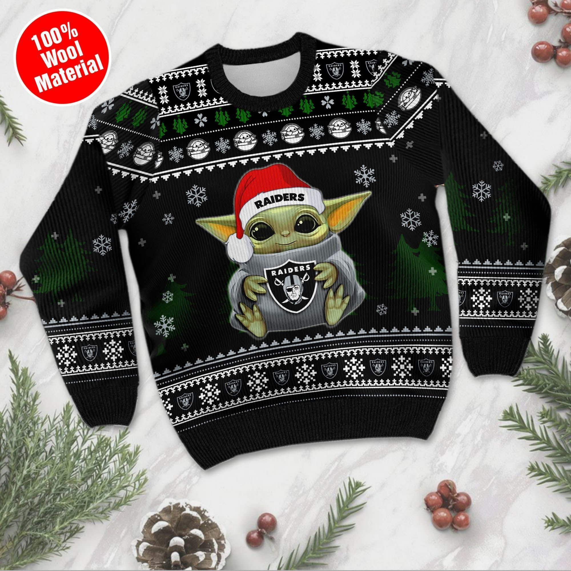 Yoda Baby Love Oakland Raiders Ugly Christmas Sweater Adult 3D Funny Matching for family - Image 2