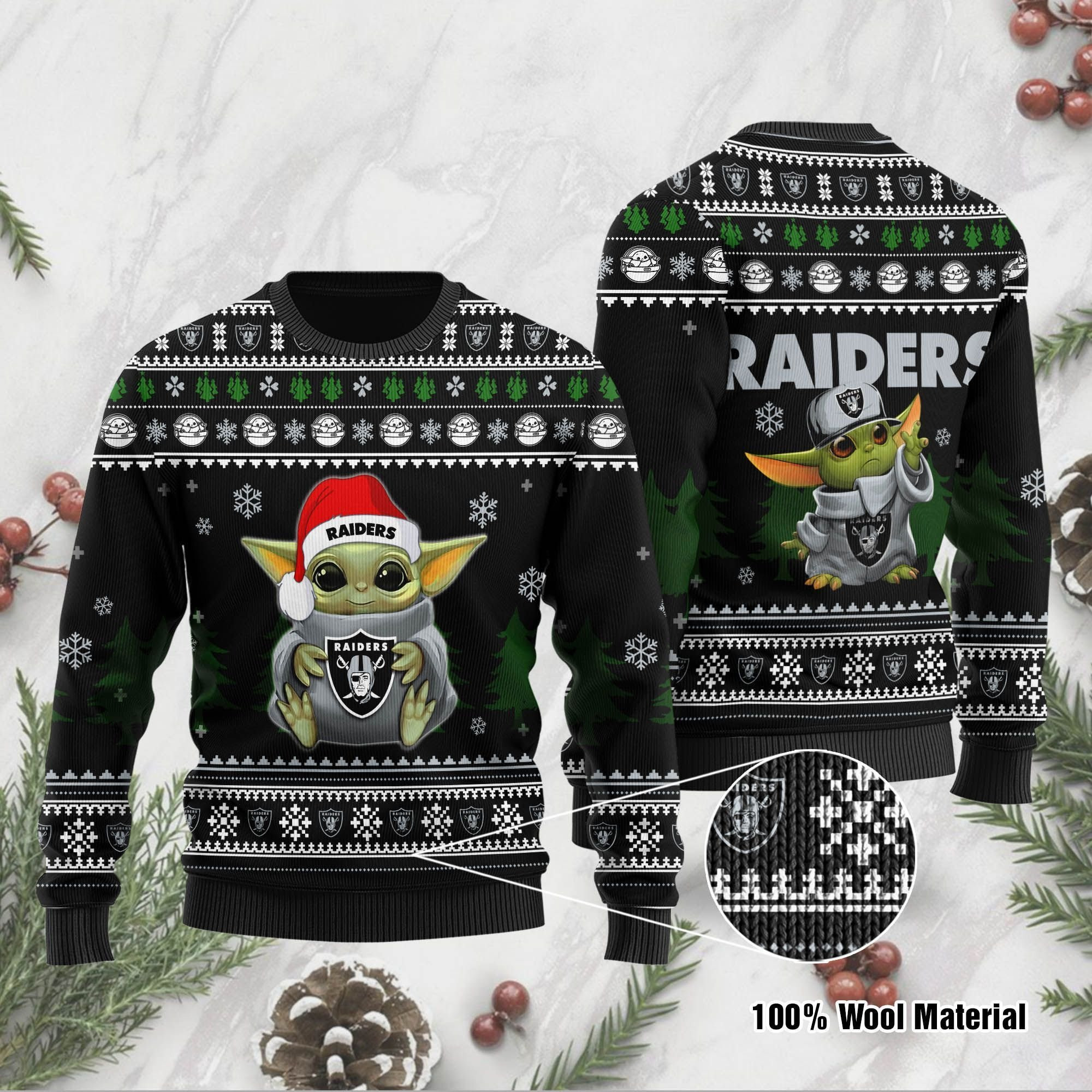 Yoda Baby Love Oakland Raiders Ugly Christmas Sweater Adult 3D Funny Matching for family