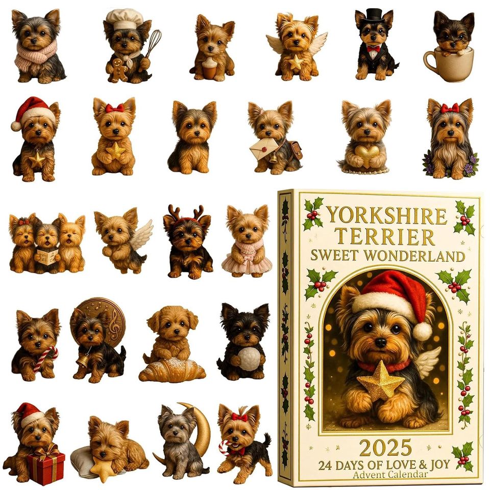 Yorkshire Terrier Dog Advent Calendar 2025, 24 Day Dog Figurines: Vintage Christmas Ornament Countdown