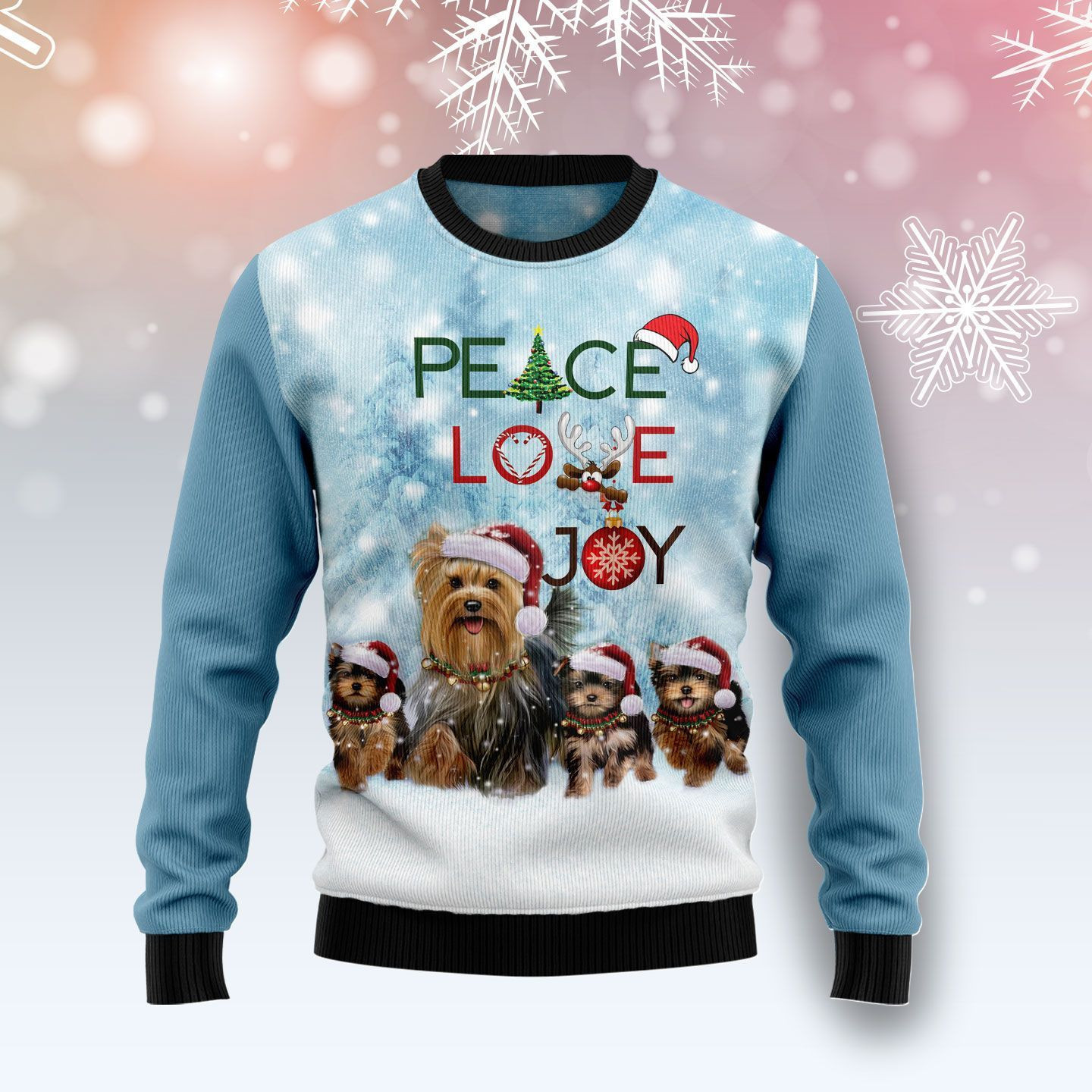 Yorkshire Terrier Peace Love Joy Ugly Christmas Sweater Adult 3D Funny Matching for family