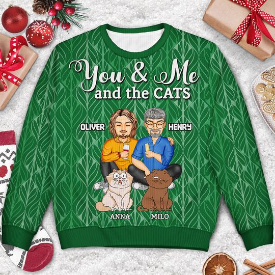 You And Me And The Dog Cat Couples Personalized Christmas Unisex Ugly Sweatshirt - Image 6