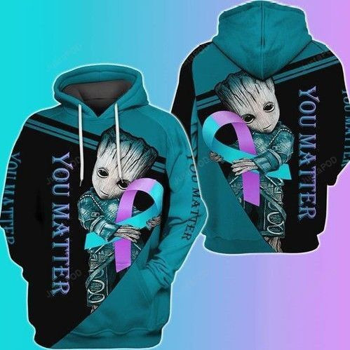 You Matter Groot Support Suicide Prevention Ribbon 3D All Over Print Hoodie, Zip Hoodie