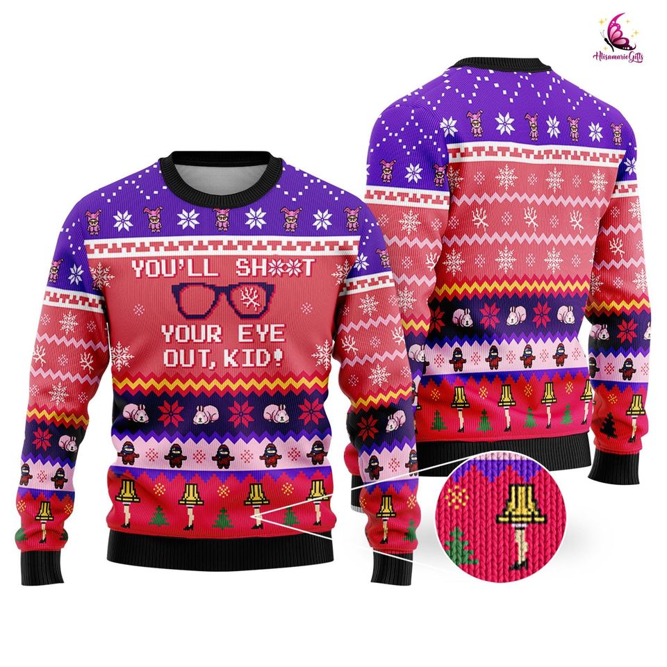 You'll Shoot Your Eye Out Ugly Sweater, Ralphie Foot Lamp Shirt, Christmas Story Ugly Christmas Sweater - Image 2
