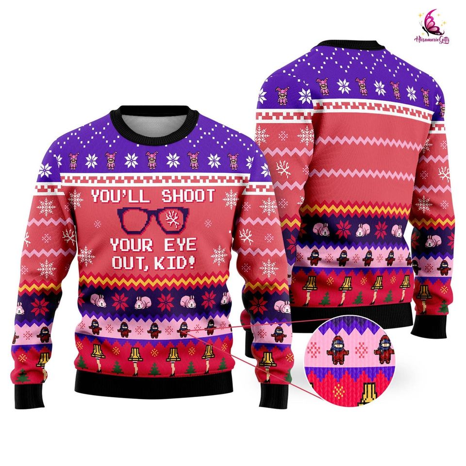 You'll Shoot Your Eye Out Ugly Sweater, Ralphie Foot Lamp Shirt, Christmas Story Ugly Christmas Sweater - Image 3