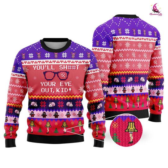 You'll Shoot Your Eye Out Ugly Sweater, Ralphie Foot Lamp Shirt, Christmas Story Ugly Christmas Sweater - Image 5