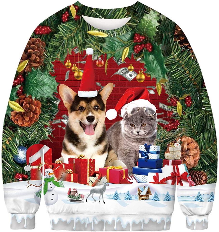 Zcfire Unisex Ugly Christmas Sweatshirt 3D Digital Printed Funny Design Pullover Sweater for Xmas Holiday Party